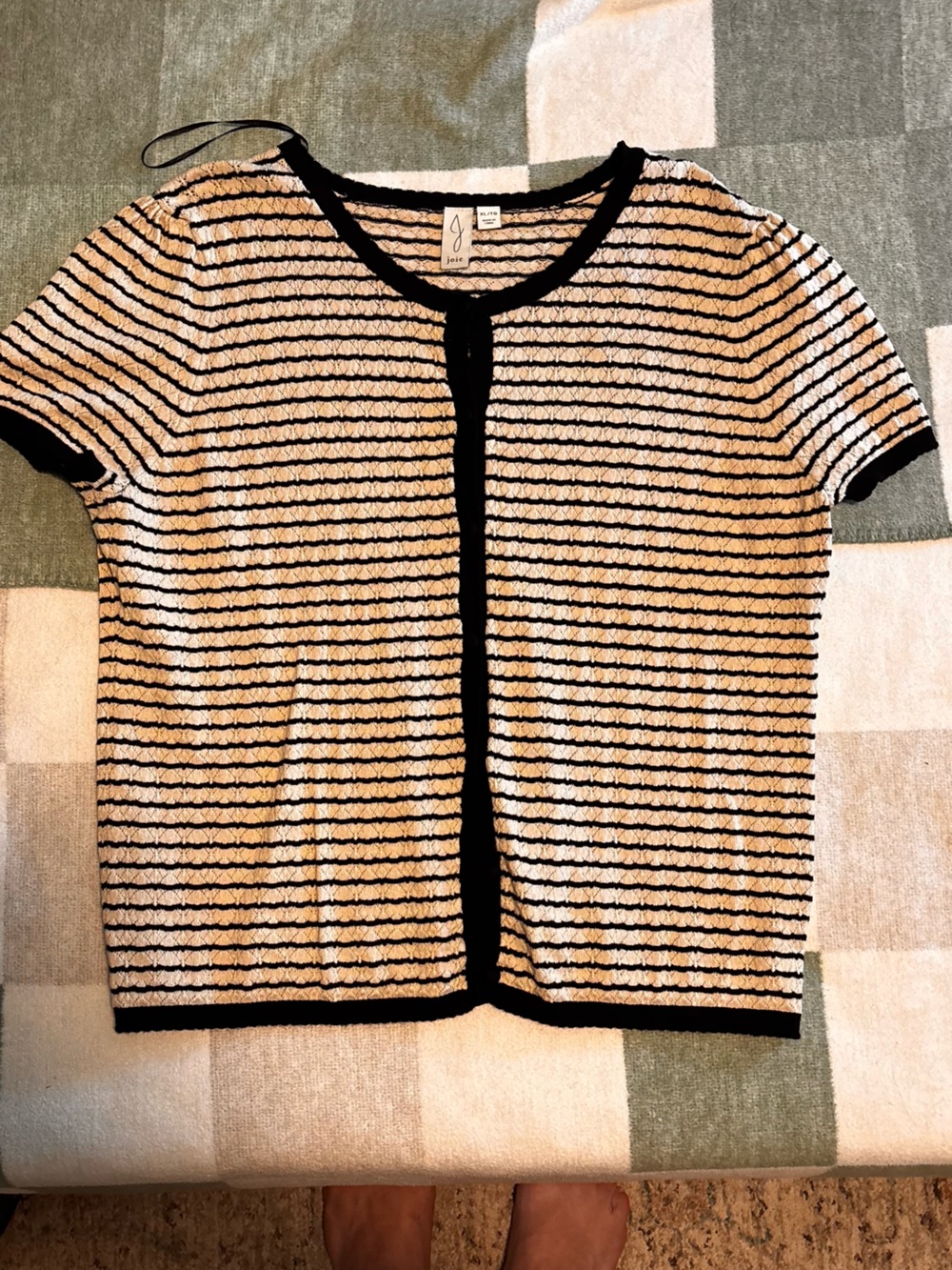 Joie Short-Sleeve Zip-Up Sweater Cardigan - Black & Cream